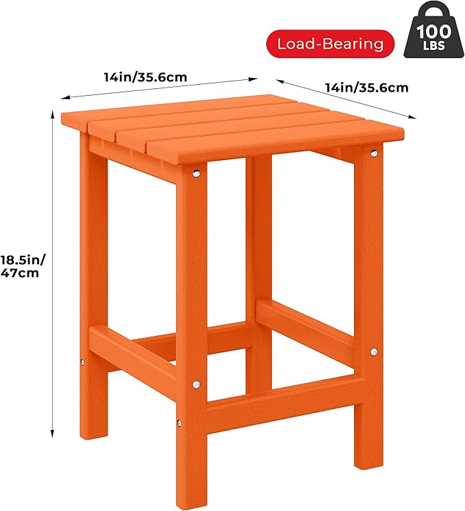 Costaelm Square Outdoor Side Tables, Adirondack Patio Tables for Outside, HDPE Patio End Table Weather Resistant, Balcony Table for Pool, Seaside, Backyard, Porch, Indoor Companion, Orange