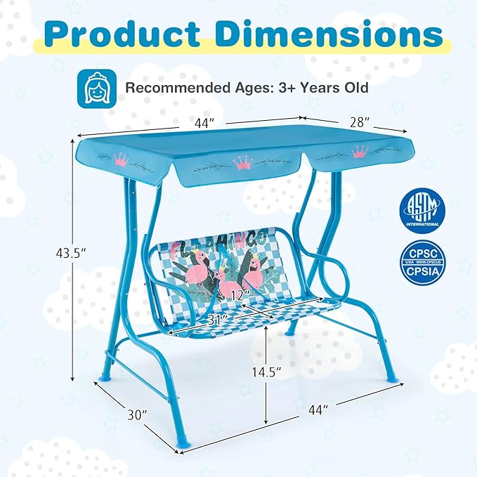 Costzon Kids Porch Swing, All-Weather Patio Swing Bench Hammock w/Adjustable Canopy & Safety Belts for 2 Children - Photo 6