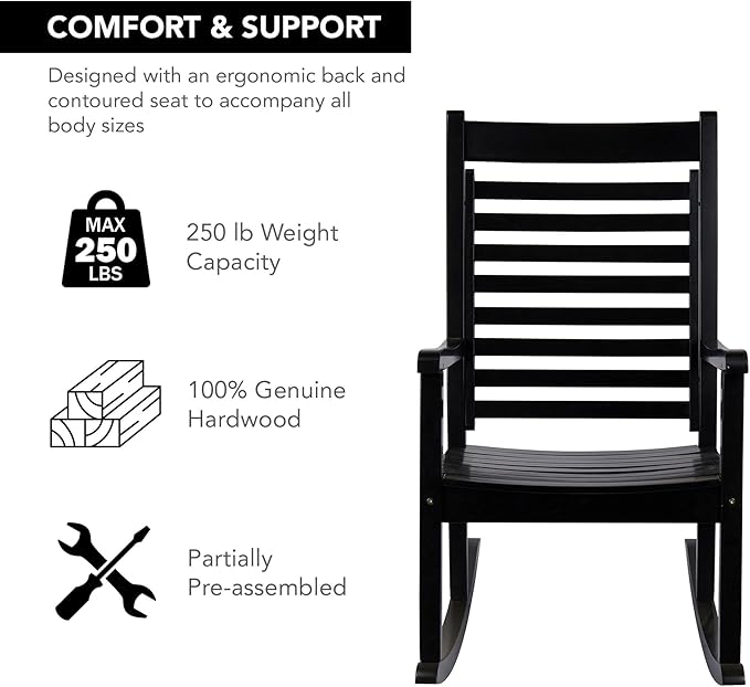 Shine Company Modern Wood Rocking Chair, Ergonomic Wide Seat Porch Rocker, Black