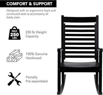 Shine Company Modern Wood Rocking Chair, Ergonomic Wide Seat Porch Rocker, Black