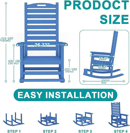 PLUUV Outdoor Rocking Chair Set of 2 with Removable Footboard for Adults, HDPE High Back Patio Rocking Chairs, 330lbs All Weather Porch Rocking Chairs for Outdoor & Indoor -Navy Blue