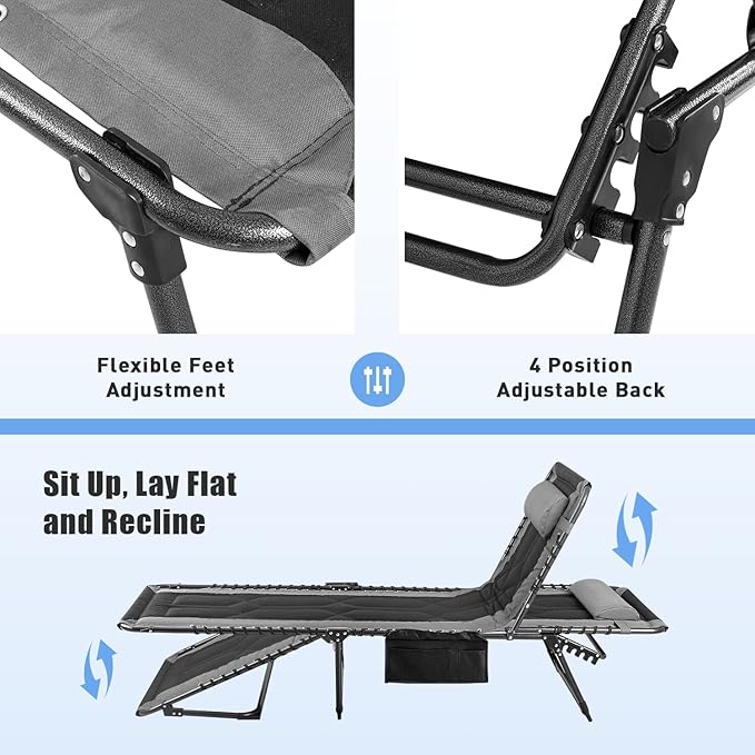 Flamaker Folding Chaise Lounge Outdoor Portable Lounge Chairs 4-Position Adjustable Camping Lounge Chair with Pillow & Side Bag Lightweight Recliner Sunbathing Chair for Pool Beach Deck (Grey)