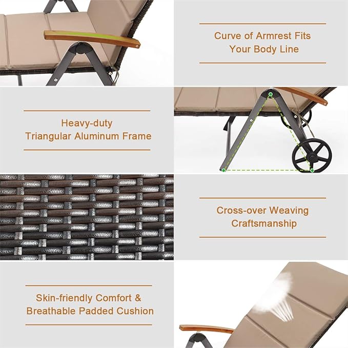 Tangkula Wicker Chaise Folding Back Adjustable Aluminum Rattan Lounger Recliner Chair W/Wheels (Mix Brown) - Photo 8