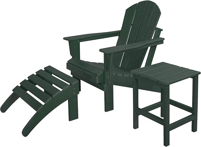 WestinTrends Malibu Outdoor Lounge Chairs, 3-Pieces Adirondack Chair Set with Ottoman and Side Table, All Weather Poly Lumber Patio Lawn Folding Chair for Outside Pool Garden Backyard, Dark Green