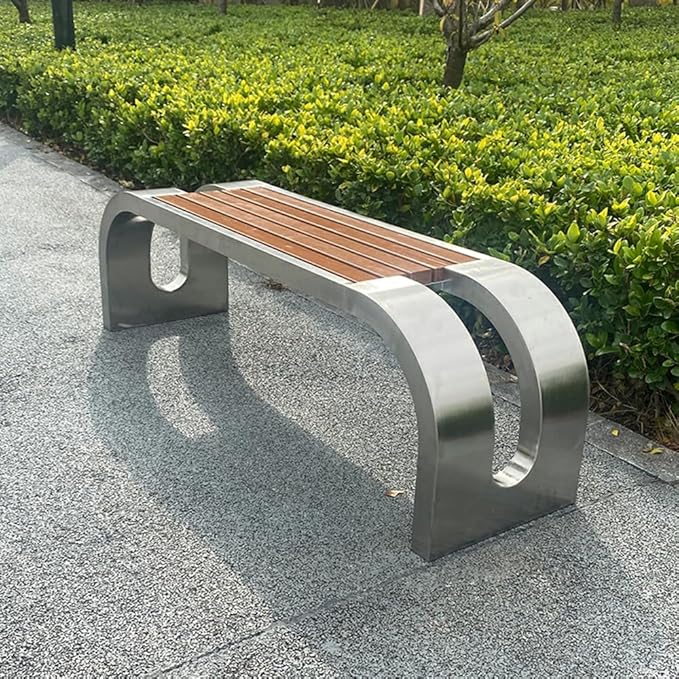 LITFAD Outdoor Indoor Bench Stainless Steel Metal Park Bench with Waterproof Brown Wood Seating Modern Garden Bench for Patio, Lawn, Yard, Porch - Type A 47" L x 16" W x 18" H