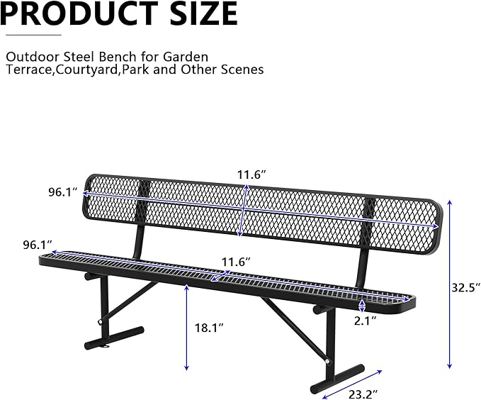 96" Metal Park Benches for Outside - Black Outdoor Benches Heavy Duty Garden Weatherproof Bench with Backrest, Buddy Bench for Schools,Commercial Benches for Shopping Mall, Store, Yard, Patio