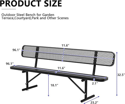 96" Metal Park Benches for Outside - Black Outdoor Benches Heavy Duty Garden Weatherproof Bench with Backrest, Buddy Bench for Schools,Commercial Benches for Shopping Mall, Store, Yard, Patio