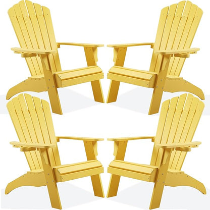 Psilvam Adirondack Chair, Oversized Poly Lumber Fire Pit Chair with Cup Holder, 350Lbs Support Patio Chairs for Garden, Weather Resistant Adirondack Chair Looks Like Real Wood (4, Yellow)