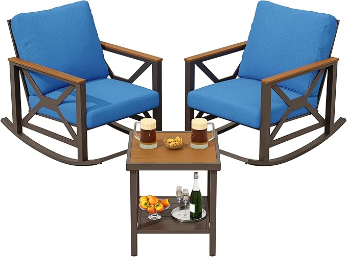 Rocking Bistro Set, 3-Piece Patio Conversation Set, Galvanized Frame Patio Rocking Chairs Set of 2 with Coffee Table and Thickened All-Weather Cushion (Blue)