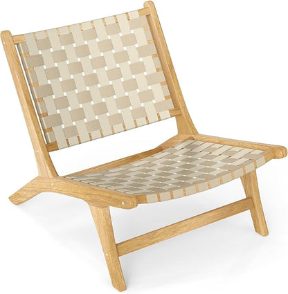 Tangkula Teak Wood Patio Dining Chair, Outdoor Wooden Mid-Century Accent Armless Chair w/Webbing Seat & Backrest, for Living Room, Balcony, Porch, Backyard, Lawn, Poolside, Garden, Deck