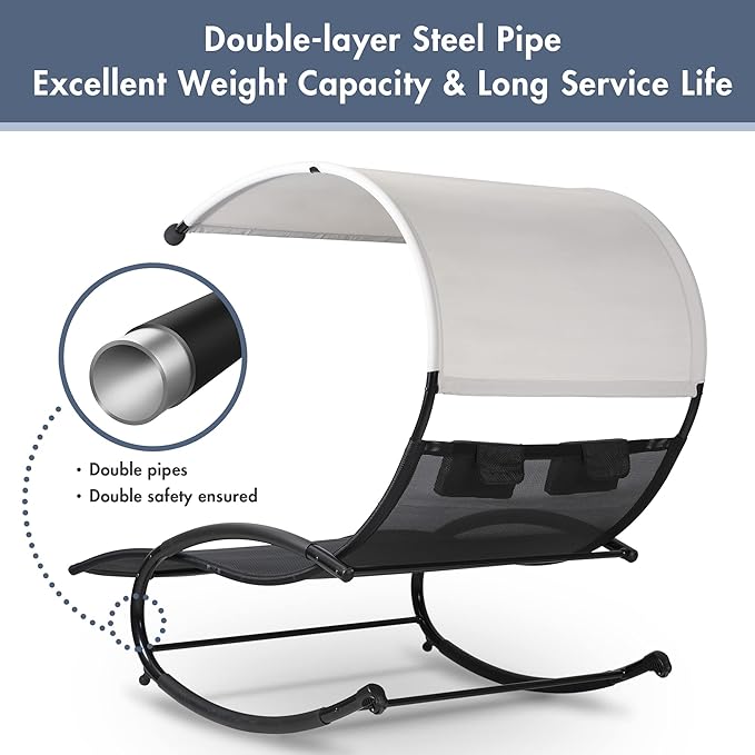 Double Chaise Lounge, Outdoor Bed Lounger with Sun Shade & Wheels - Photo 7