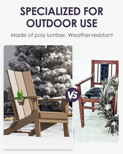 Folding Adirondack Chairs, All-Weather Resistant HDPE Patio Firepit Chairs, Sturdy Outside Chairs with Cup Holder, Pre-Installed Lawn Chairs Load Capacity 385lb, Weathered Wood