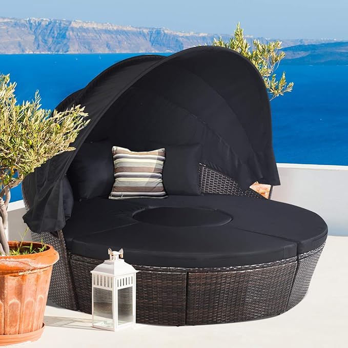 Tangkula Patio Round Daybed with Retractable Canopy, Outdoor Wicker Rattan Furniture Sets - Photo 4
