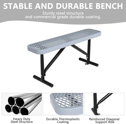 4 Ft Metal Park Benches for Outside, Outdoor Backless Bench with Thermoplastic Coating, Portable Frame, Commercial Expanded Metal Mesh Bench for Shopping Mall, Store, Park, Patio, Deck, Grey