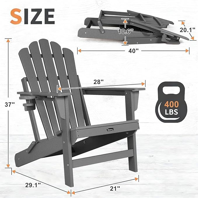 FUNBERRY Folding Adirondack Chair, All Weather HDPE Wood Texture Fire Pit Chairs with Cup Holder for Outdoor