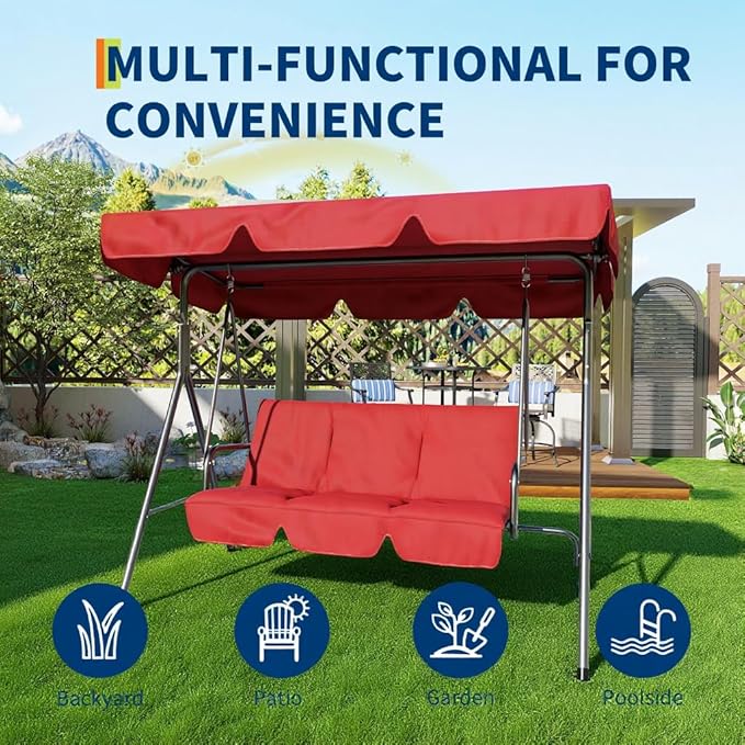 Outdoor Swing Chair with Adjustable Canopy - 3 Seat Glider Bench with Thickened Cushions for Patio, Garden, Backyard Red