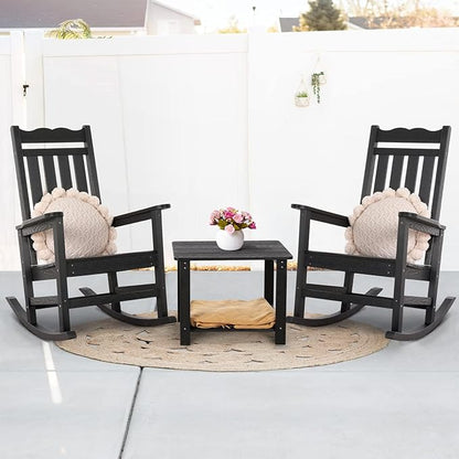 Stoog 3-Piece Oversized Rocking Chairs Set of 2 with Table, Outdoor Rocking Chair with 400 lbs Weight Capacity, All-Weather Porch Rocker for Backyard, Lawn, Patio, Garden and Indoor, Black