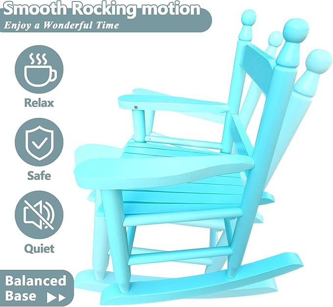 Toddler Rocking Chair for Kids Age 2-5, Hardwood Porch Rocker with Back Support & Armrest for Small Spaces Living Room Outdoor Garden, Easy Assembly (Light Blue)