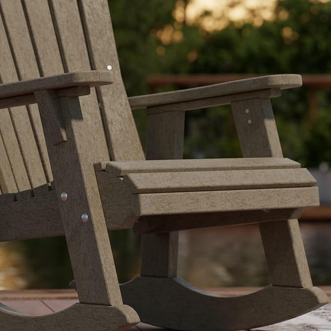 Wildridge Heritage Adirondack Rocking Chair, Weathered Wood - Outdoor Weather Resistant HDPE Rocking Chair for Patio, Deck, Fire Pit