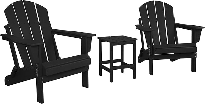 WestinTrends Malibu 3-Pieces Adirondack Chairs Set with Side Table, All Weather Outdoor Seating Plastic Patio Lawn Chair Folding for Outside Porch Deck Backyard, Black