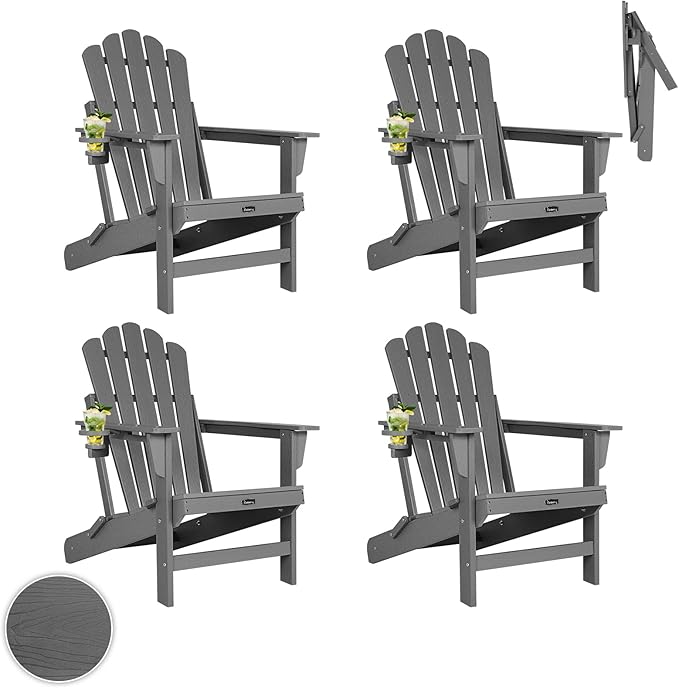 FUNBERRY Folding Adirondack Chairs Set of 4, All Weather HDPE Wood Texture Fire Pit Chairs with Cup Holder for Outdoor