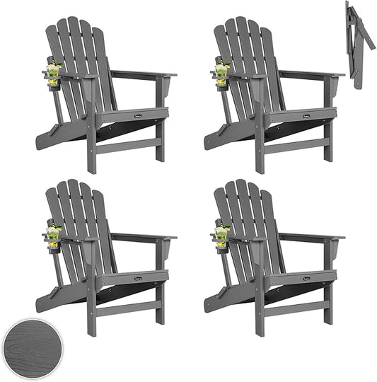 FUNBERRY Folding Adirondack Chairs Set of 4, All Weather HDPE Wood Texture Fire Pit Chairs with Cup Holder for Outdoor