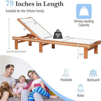 LDAILY Moccha Chaise Lounge Chair Outdoor, Patio Recliner Lounger Chair with 5 Positions Backrest, Breathable Fabric, Eucalyptus Wood Reclining Lounge Chair for Backyard, Poolside, Lawn, White
