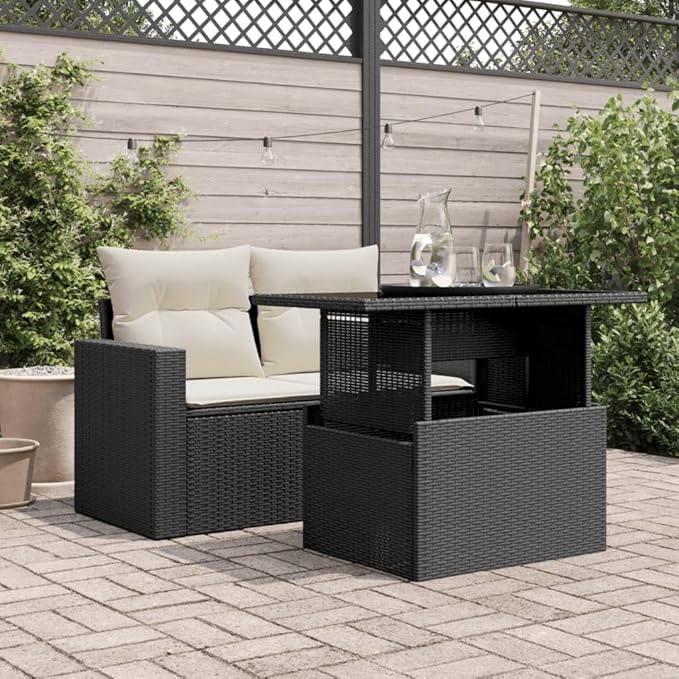 Height-Adjustable Black Rattan Garden Coffee Table 21.7"x39.4" Rectangular Tempered Glass Top Outdoor Patio Furniture - Photo 2
