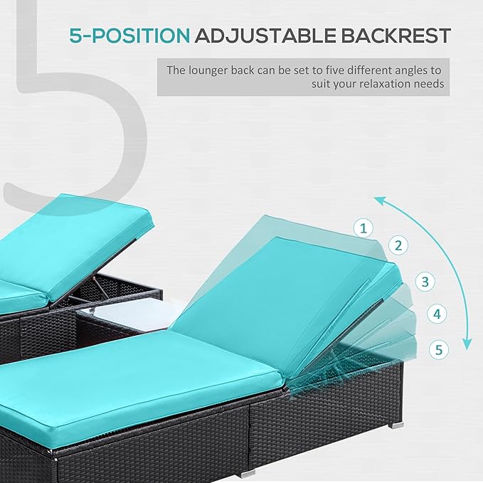 Outsunny Chaise Lounge Chair Set of 2 with 5 Angle Backrest, Outdoor Coffee Table, Water Repellent Cushions, PE Rattan Wicker Poolside Chairs, 3-Piece Pool Furniture Set, Dark Brown/Turquoise