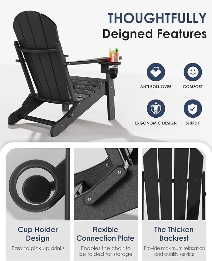 Folding Adirondack Chairs Set of 2, All-Weather Resistant HDPE Patio Firepit Chairs, Sturdy Outside Chairs with Cup Holder, Lawn Chairs, 80% Pre-Installed Load Capacity 385lb, Black