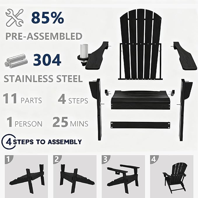 Folding Adirondack Outdoor Chairs HDPE Plastic Chair All Weather Cup Holder Black for Deck Backyard Patio Outdoor Garden - Photo 4