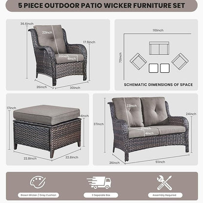 Belord Outdoor Wicker Furniture 5 Pieces Patio Furniture Set Patio Wicker Chairs with Ottomans Conversation Set for Porch Garden Deck Balcony Poolside