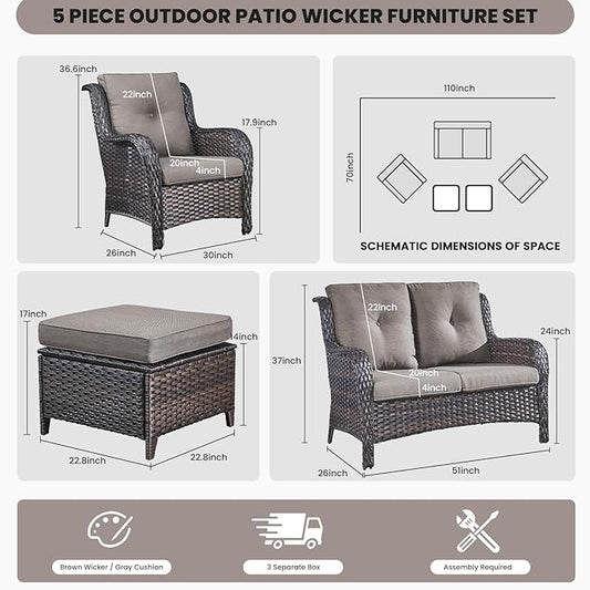 Belord Outdoor Wicker Furniture 5 Pieces Patio Furniture Set Patio Wicker Chairs with Ottomans Conversation Set for Porch Garden Deck Balcony Poolside