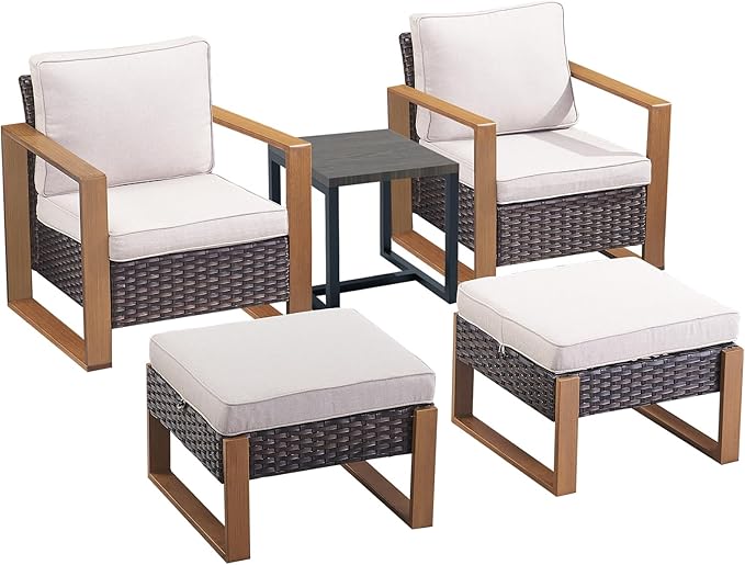 Rilyson Outdoor Wicker Patio Furniture Set - 5 Piece Patio Conversation Set with 2 Wicker Armrest Chairs,2 Rattan Ottoman, 1 Side Table, Sturdy Frame, Thick Cushions, Deep Seating(Brown/Beige)