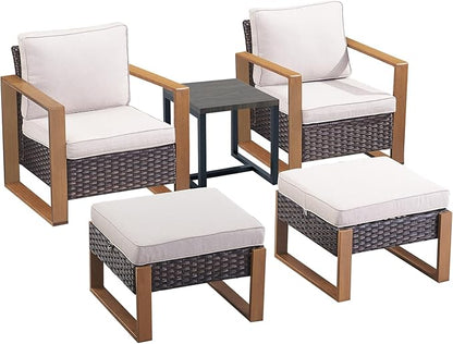 Rilyson Outdoor Wicker Patio Furniture Set - 5 Piece Patio Conversation Set with 2 Wicker Armrest Chairs,2 Rattan Ottoman, 1 Side Table, Sturdy Frame, Thick Cushions, Deep Seating(Brown/Beige)