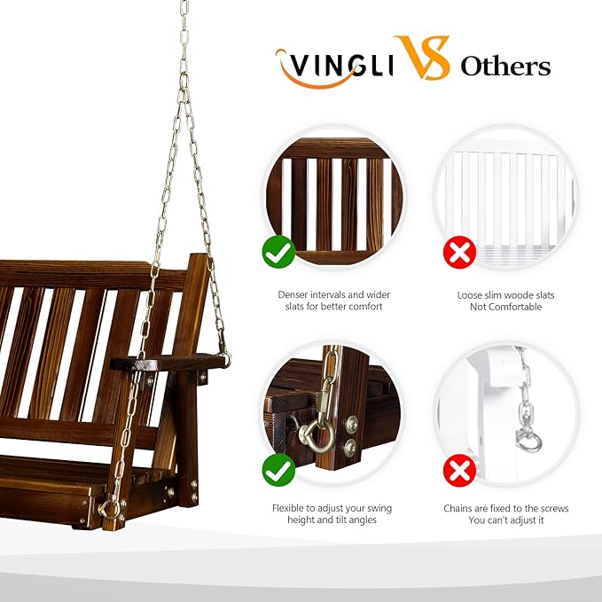VINGLI Heavy Duty 880 LBS 4 FT Outdoor Porch Swing, Patio Hanging Swing Bench for Yard, Rustic - Photo 2