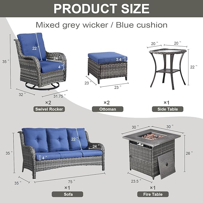 Belord Patio Furniture Set with Fire Pit Table, 7 Piece Wicker Outdoor Furniture Set - Photo 2