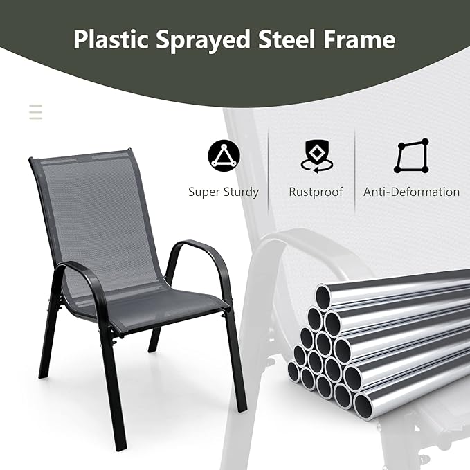 COSTWAY Patio Dining Chairs Set of 2, Stackable Outdoor Chairs with Armrest and High Back, Breathable Fabric & Metal Frame Chair for Garden Poolside Backyard Deck (Grey)