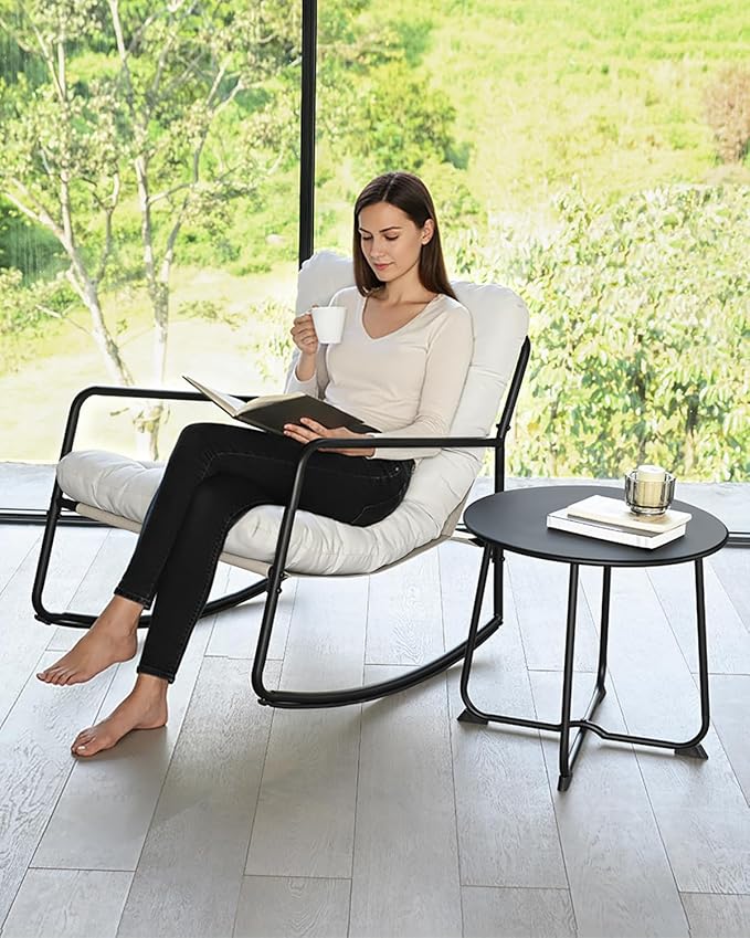 Outdoor Rocking Chair Set, 2-Piece Metal Patio Bistro Set with Patio Rocker Chair and Round Side Table, Outdoor Papasan Chair with Padded Cushion for Garden, Apartment, Indoor, Off-White