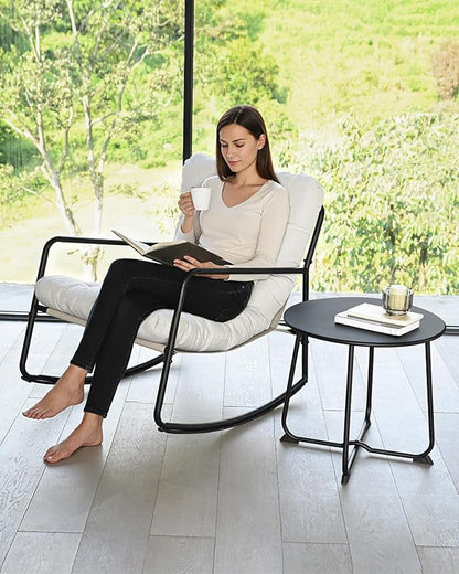 Outdoor Rocking Chair Set, 2-Piece Metal Patio Bistro Set with Patio Rocker Chair and Round Side Table, Outdoor Papasan Chair with Padded Cushion for Garden, Apartment, Indoor, Off-White
