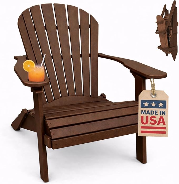 Ecommersify Folding Adirondack Chair with Cup Holder - (Tudor Brown) - Heavy Duty Recycled Poly Lumber Folding Chair - Amish Crafted Outdoor Furniture - Made in USA