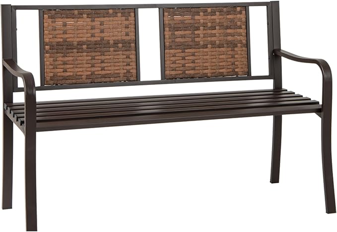 Tangkula Patio Garden Bench with Wicker Backrest, Outdoor Park Bench Chair with Powder Coated Steel Frame, Bench Loveseat for Outdoor Garden, Backyard, Lawn, Porch, Path, Deck