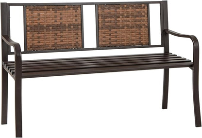 Tangkula Patio Garden Bench with Wicker Backrest, Outdoor Park Bench Chair with Powder Coated Steel Frame, Bench Loveseat for Outdoor Garden, Backyard, Lawn, Porch, Path, Deck