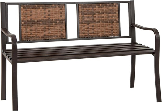 Tangkula Patio Garden Bench with Wicker Backrest, Outdoor Park Bench Chair with Powder Coated Steel Frame, Bench Loveseat for Outdoor Garden, Backyard, Lawn, Porch, Path, Deck