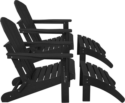 WestinTrends Malibu Outdoor Lounge Chair Set, 4-Pieces Adirondack Chair Set of 2 with Ottoman, All Weather Poly Lumber Patio Lawn Folding Chair for Outside Pool Beach, Black
