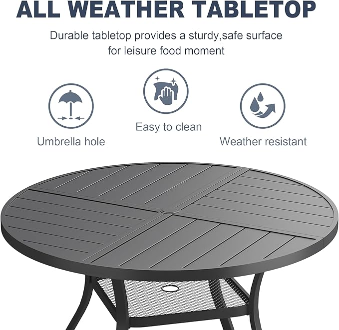 VICLLAX 40.6" Round Patio Dining Table for 4, All Weather Metal Outdoor Table with 1.57" Umbrella Hole and Storage Shelf for Garden Lawn Deck, Black