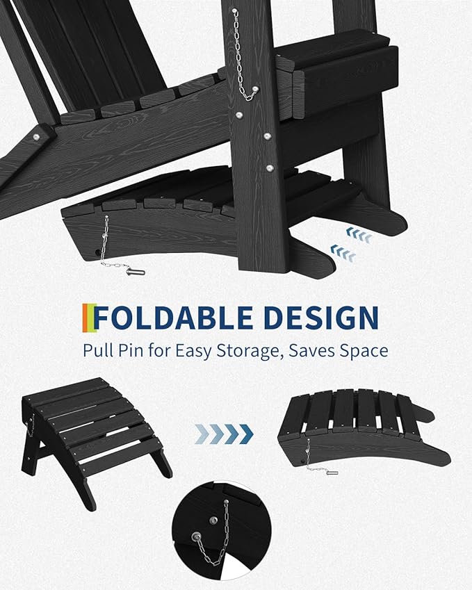 GarveeLife Folding Adirondack Ottoman for Adirondack Chair, HDPE All-Weather Footrest for in/Outdoor Patio Deck Backyard, Black
