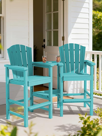 KINGYES Embossed Balcony Height Chair with 9FT Umbrella, Tall Poly Adirondack Chair Set of 4 with Double Connecting Trays, High Airondack Chair with Wood Grain, Aruba