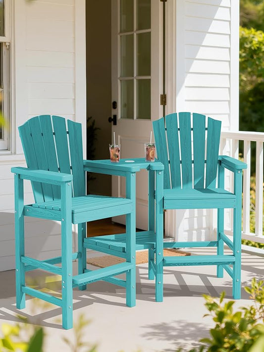 KINGYES Tall Adirondack Chair Set of 4 with 9FT Umbrella, HDPE Tall Adirondack Barstools with Double Connecting Trays, All Weather Resistant Embossed Bar Height Adirondack Chair, Aruba