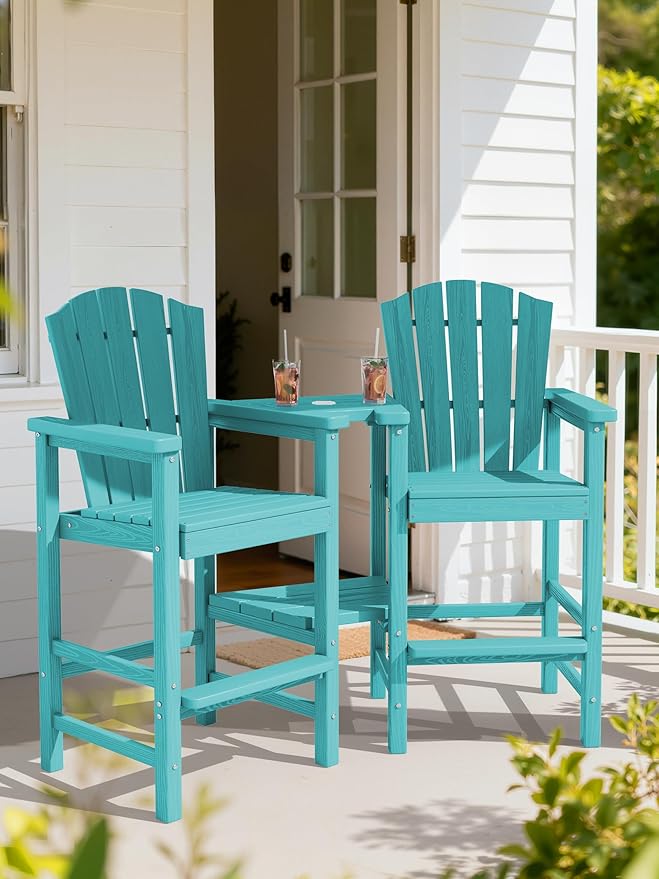 KINGYES Tall Adirondack Chair Set of 4, HDPE Tall Adirondack Barstools with Double Connecting Trays, Embossed Bar Height Adirondack Chair for 2, All Weather Resistant Balcony Adirondack Chairs, Aruba